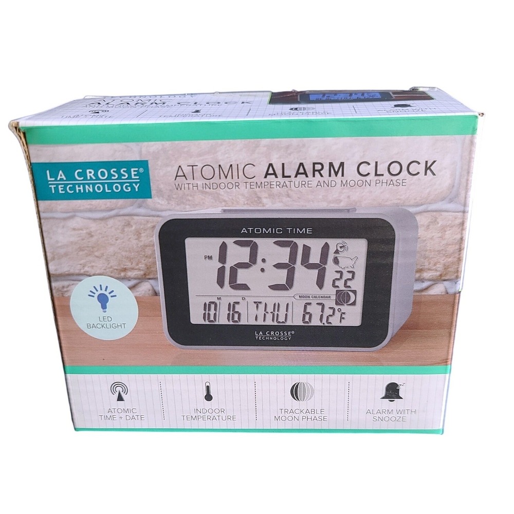 Atomic Digital Alarm Clock Indoor Temp Moon Phase La Crosse 617-1270 Silver